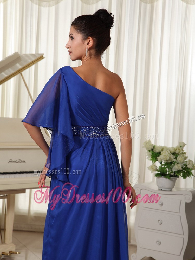 One Shoulder Beaded Royal Blue 1 2-length Sleeves Prom Dresses