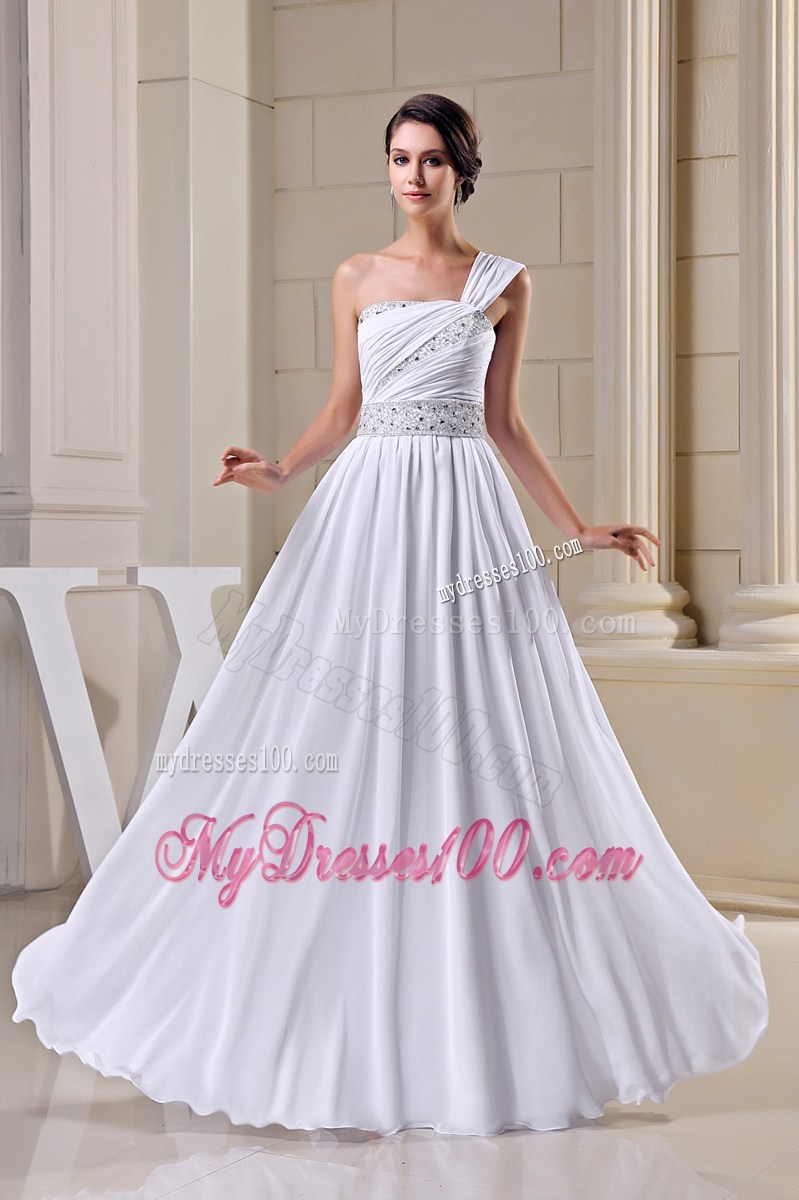 2013 Summer White Elegant One Shoulder Beading Ruched Prom Dress