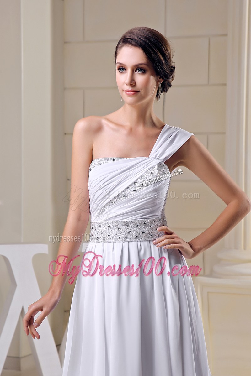 2013 Summer White Elegant One Shoulder Beading Ruched Prom Dress