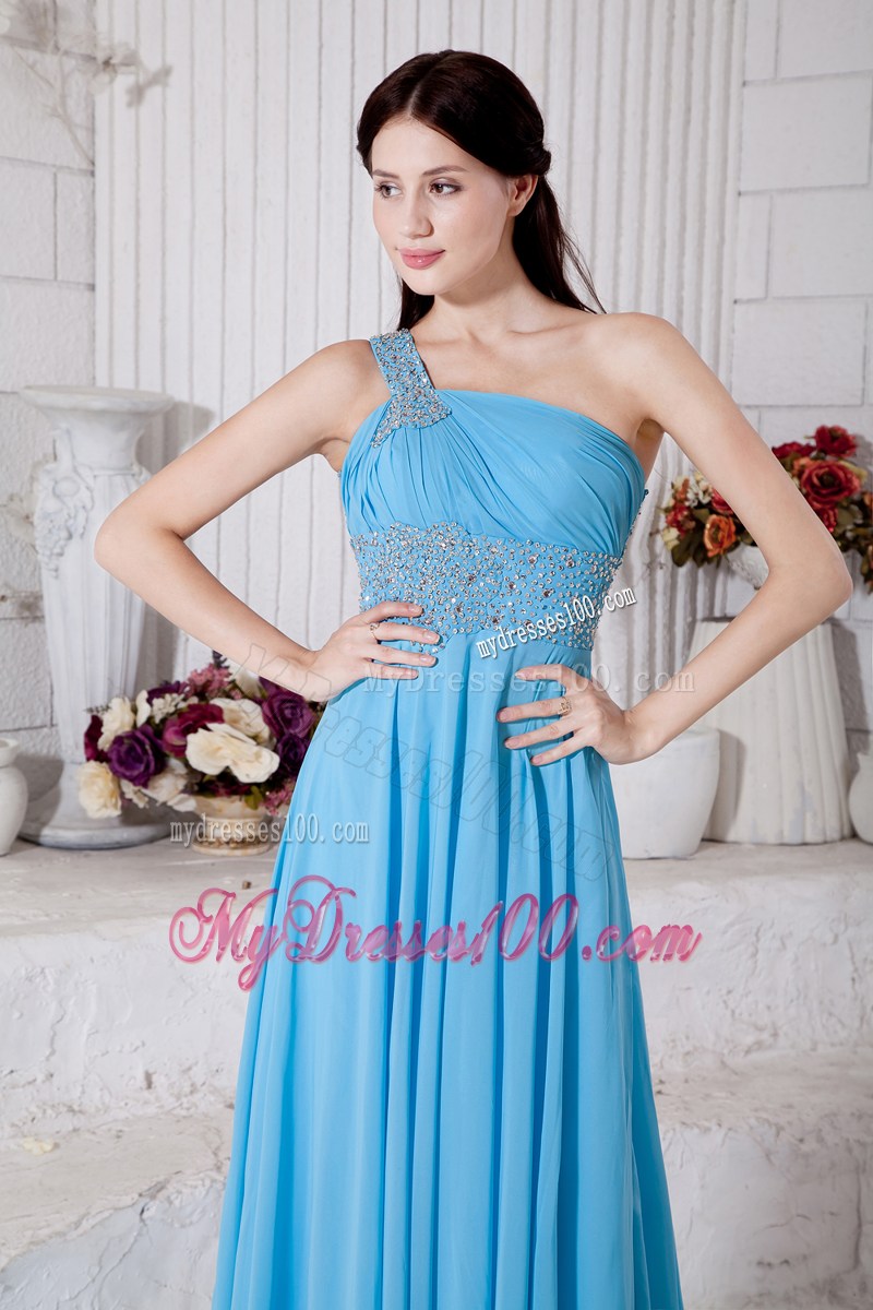 Aqua Blue Empire One Shoulder Prom Dresses Beading Brush Train