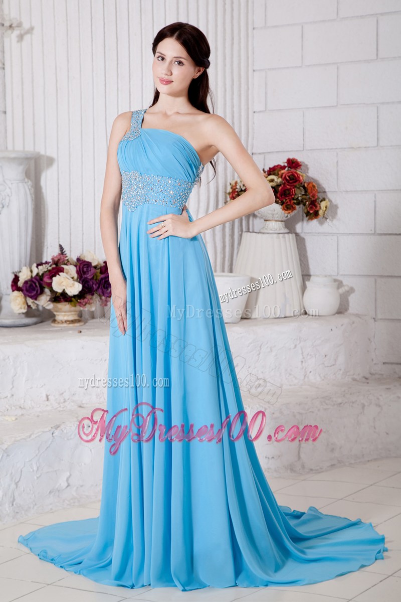 Aqua Blue Empire One Shoulder Prom Dresses Beading Brush Train