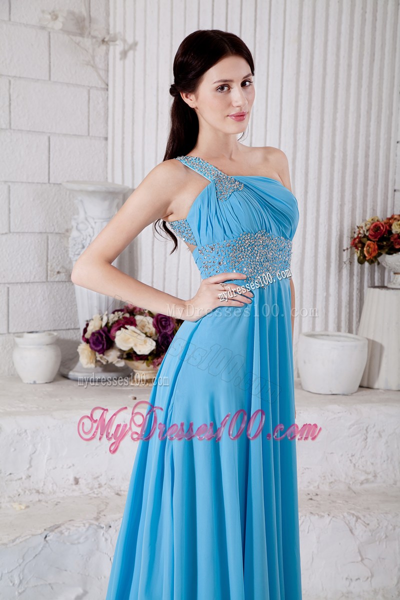 Aqua Blue Empire One Shoulder Prom Dresses Beading Brush Train