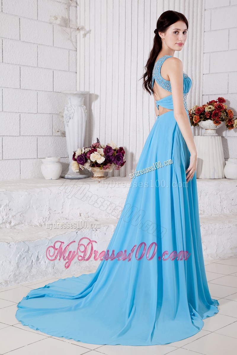Aqua Blue Empire One Shoulder Prom Dresses Beading Brush Train