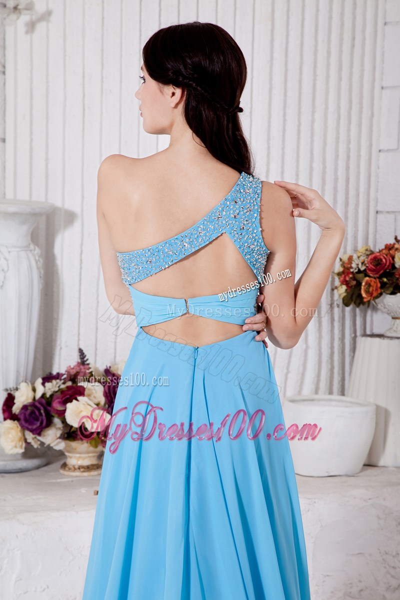 Aqua Blue Empire One Shoulder Prom Dresses Beading Brush Train