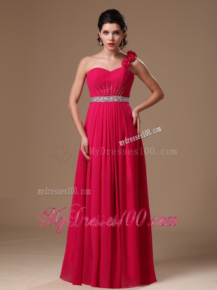 Coral Empire One Shoulder Flowers Beaded Formal Evening Prom Dress