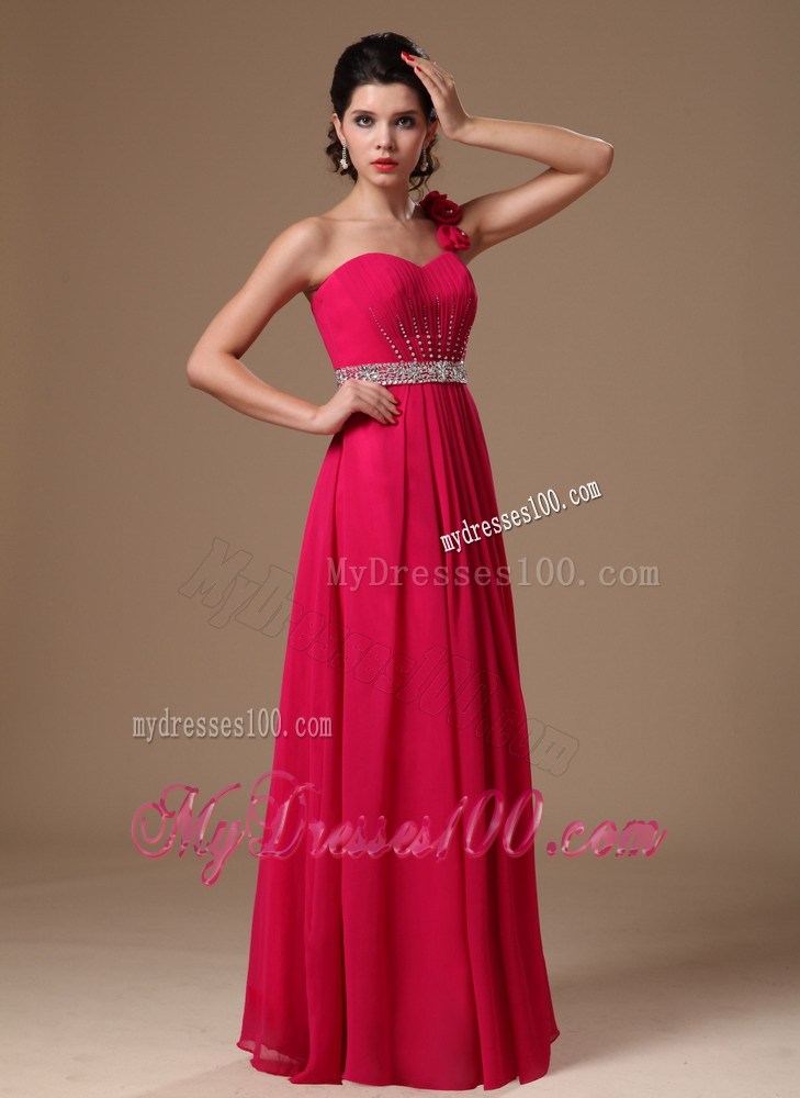 Coral Empire One Shoulder Flowers Beaded Formal Evening Prom Dress