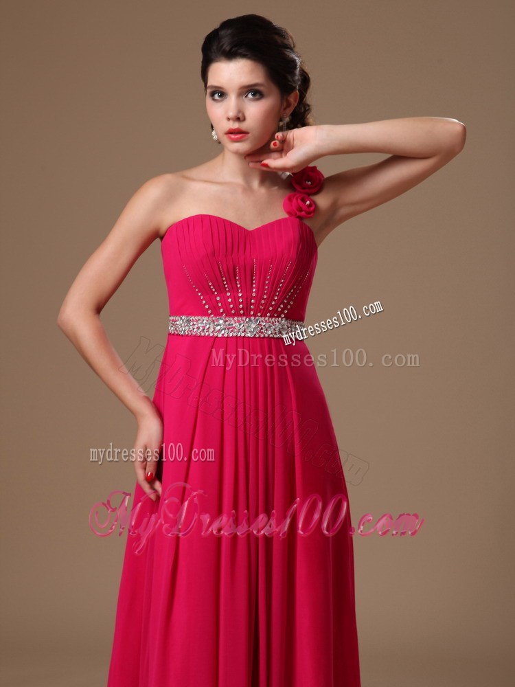 Coral Empire One Shoulder Flowers Beaded Formal Evening Prom Dress