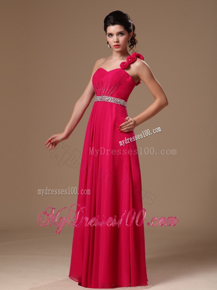 Coral Empire One Shoulder Flowers Beaded Formal Evening Prom Dress