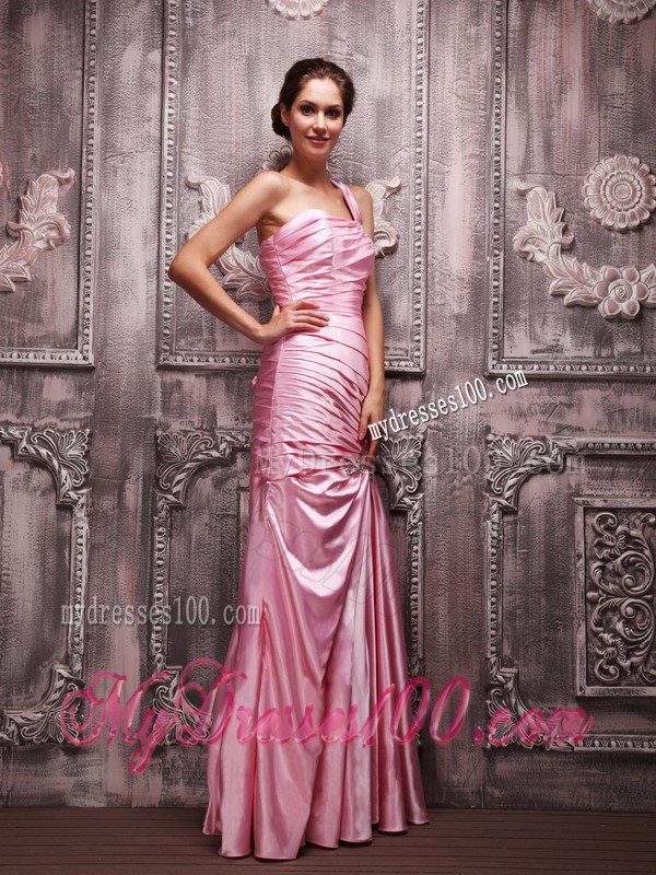 Rose Pink Column One Shoulder Beading Ruching Long Prom Dress