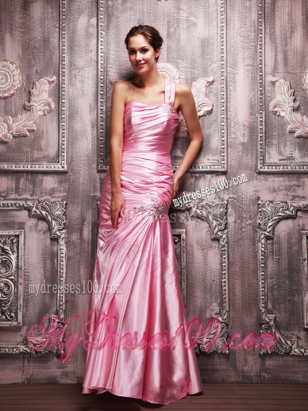 Rose Pink Column One Shoulder Beading Ruching Long Prom Dress