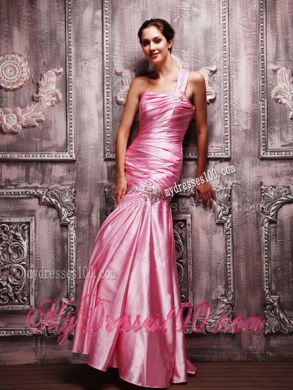 Rose Pink Column One Shoulder Beading Ruching Long Prom Dress