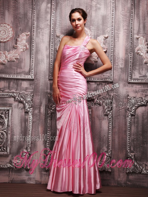 Rose Pink Column One Shoulder Beading Ruching Long Prom Dress