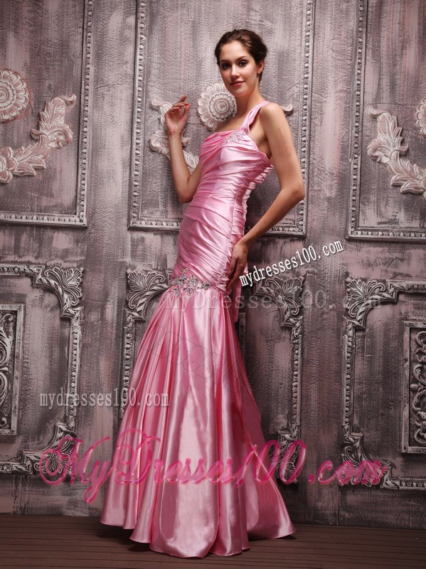Rose Pink Column One Shoulder Beading Ruching Long Prom Dress