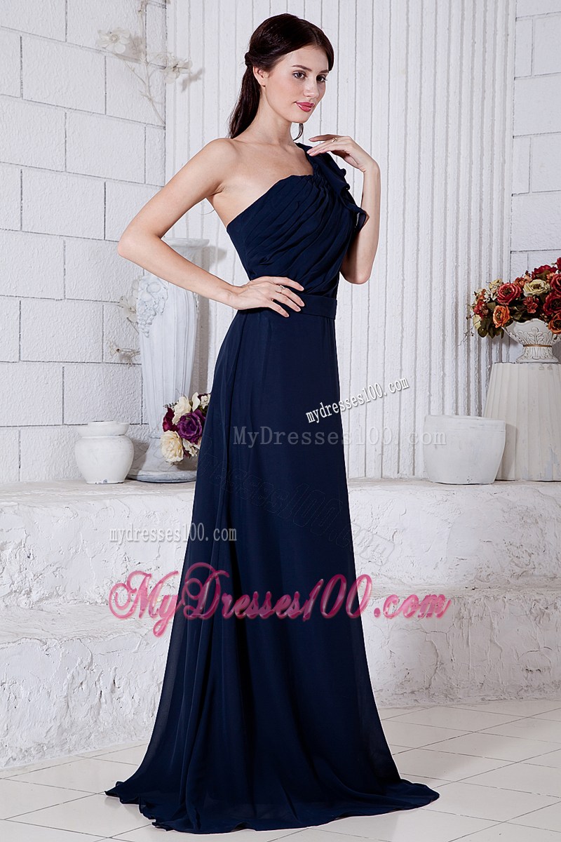 Navy Blue Empire One Shoulder Ruching Prom Dresses Brush Train
