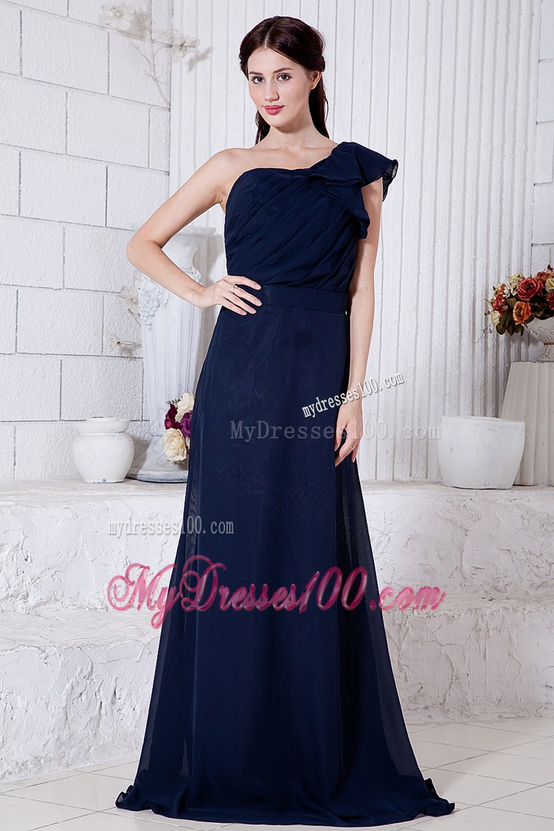 Navy Blue Empire One Shoulder Ruching Prom Dresses Brush Train