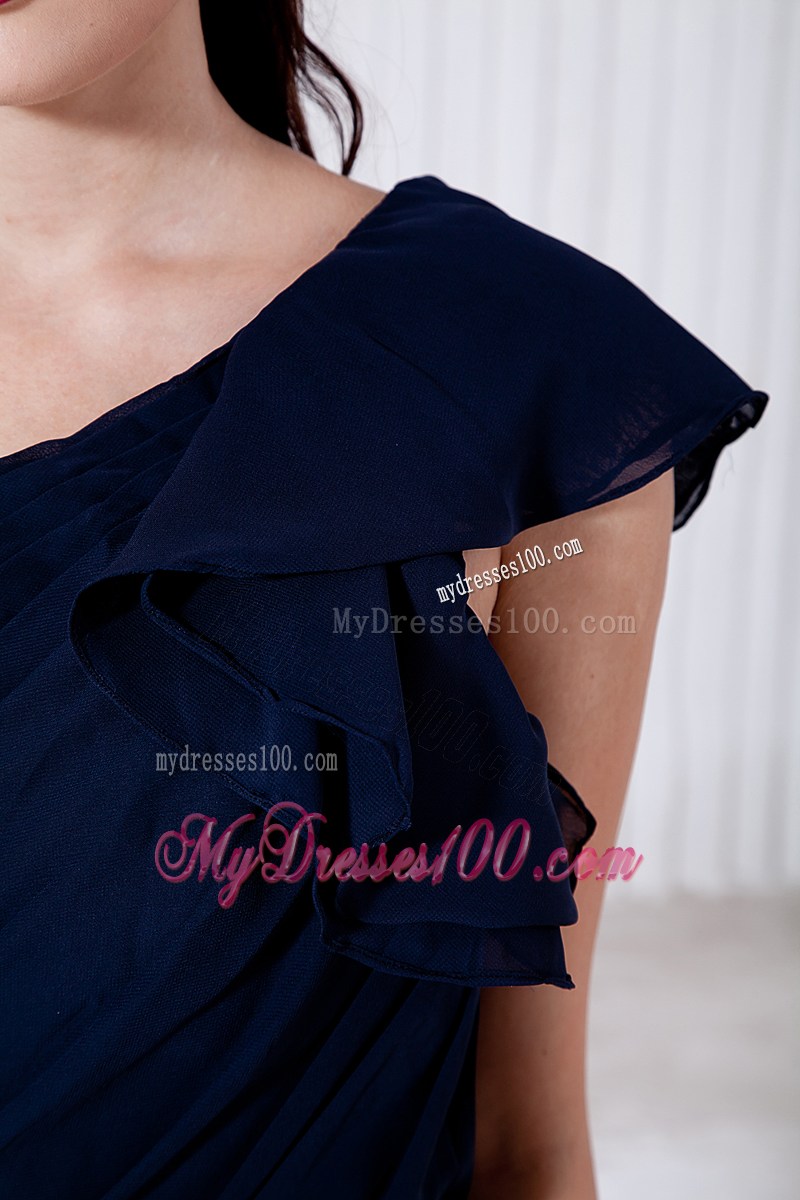 Navy Blue Empire One Shoulder Ruching Prom Dresses Brush Train