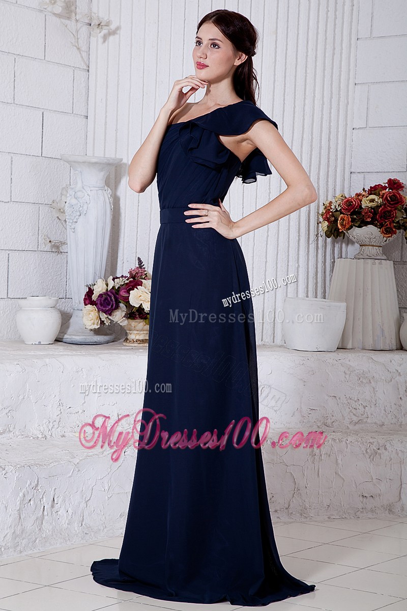 Navy Blue Empire One Shoulder Ruching Prom Dresses Brush Train