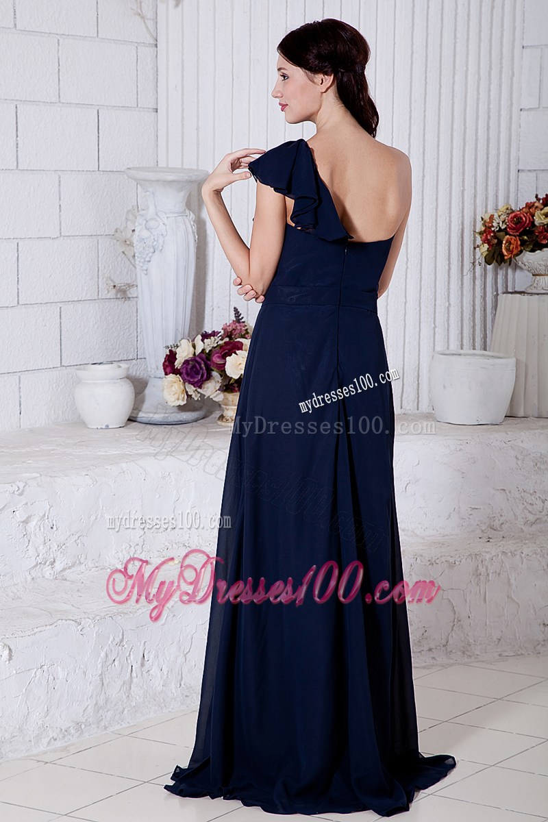 Navy Blue Empire One Shoulder Ruching Prom Dresses Brush Train