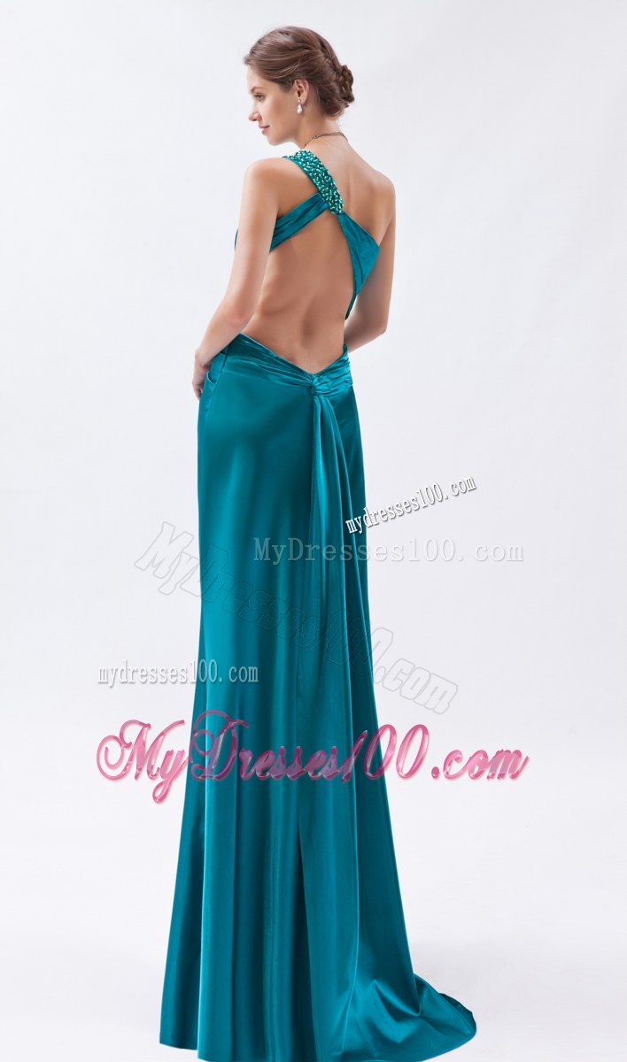Teal Column One Shoulder Prom Dress Beading and Ruched Floor-length