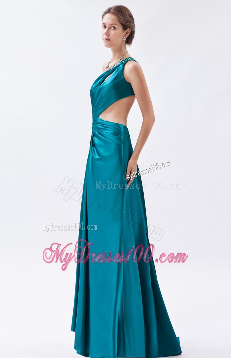 Teal Column One Shoulder Prom Dress Beading and Ruched Floor-length