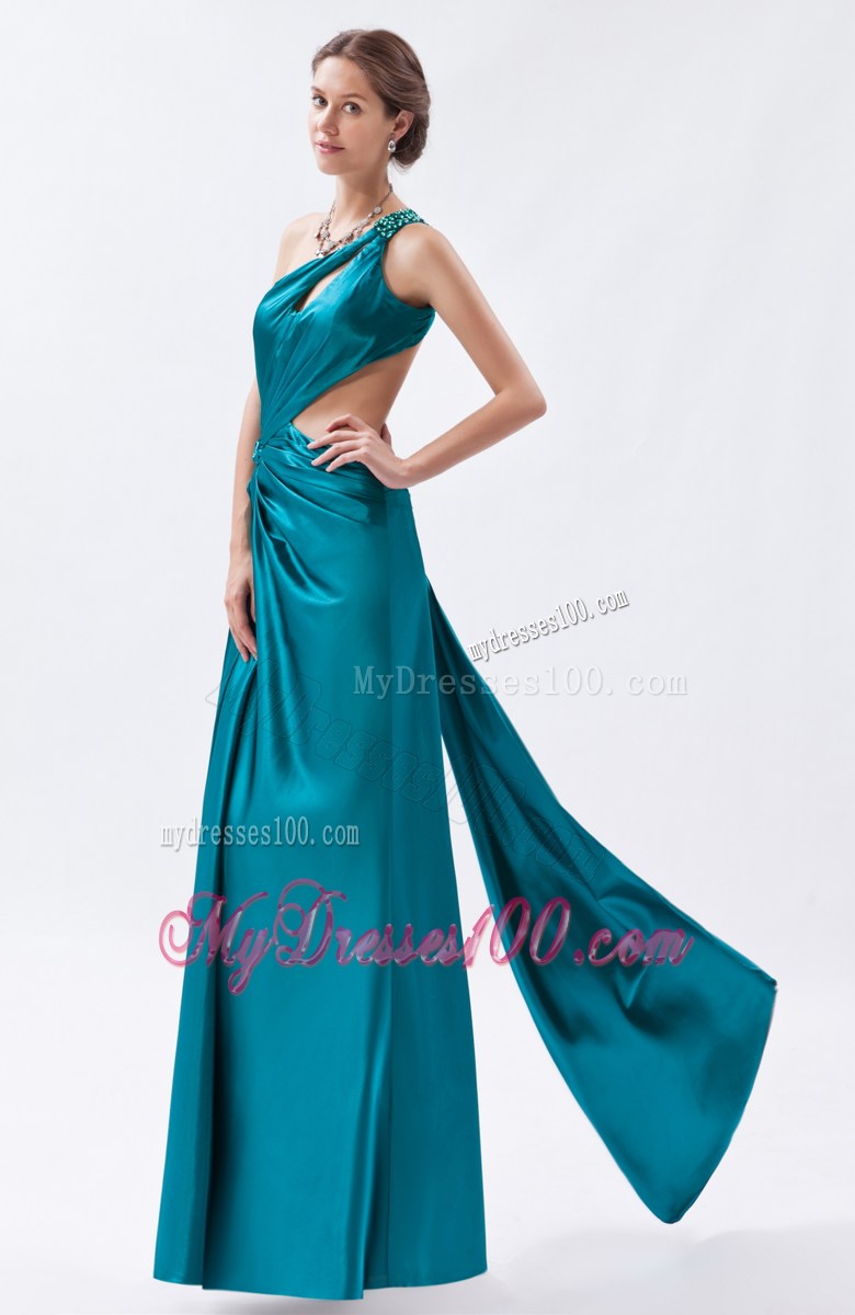 Teal Column One Shoulder Prom Dress Beading and Ruched Floor-length