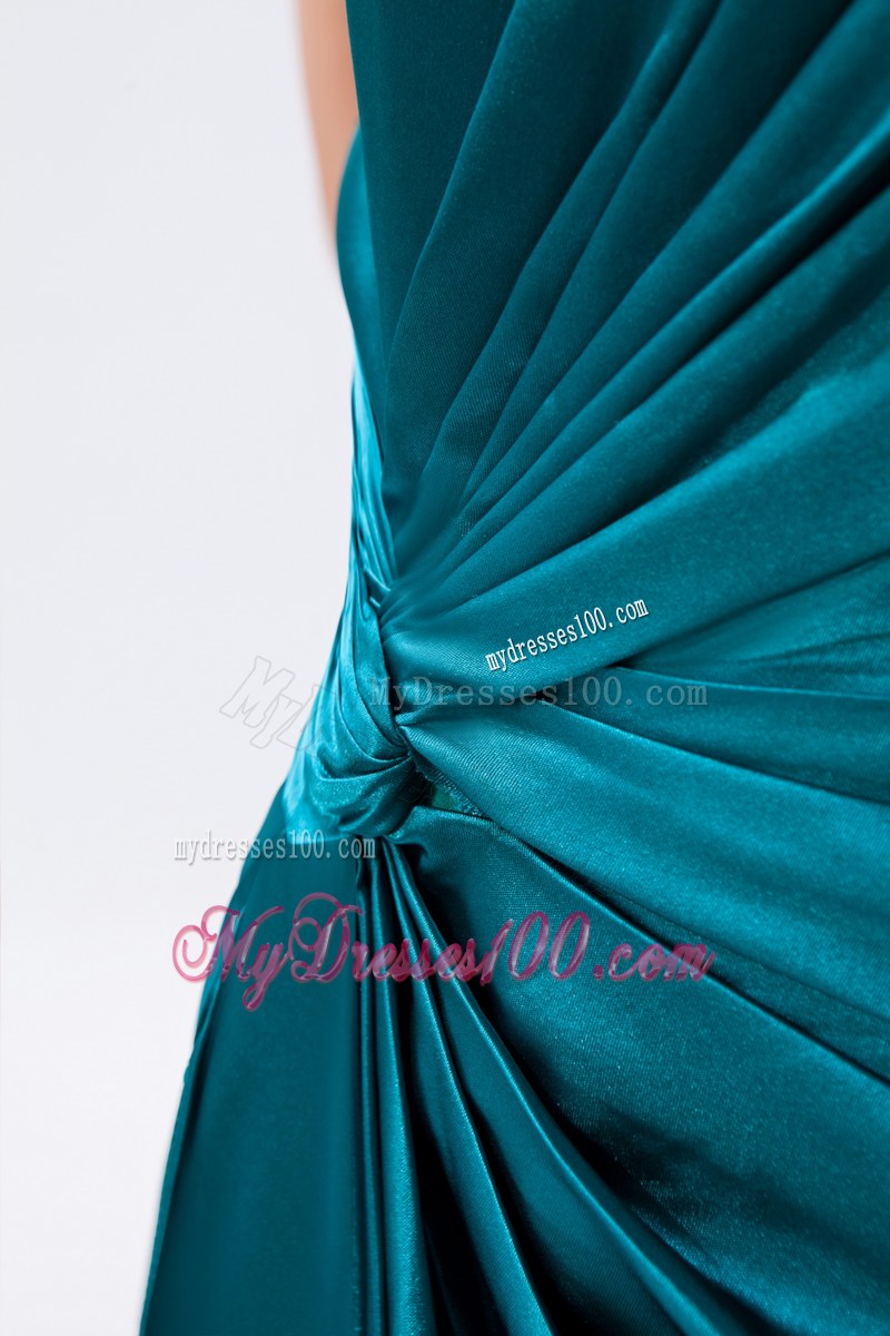 Teal Column One Shoulder Prom Dress Beading and Ruched Floor-length