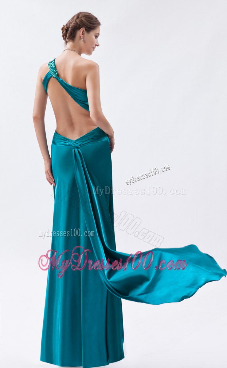 Teal Column One Shoulder Prom Dress Beading and Ruched Floor-length