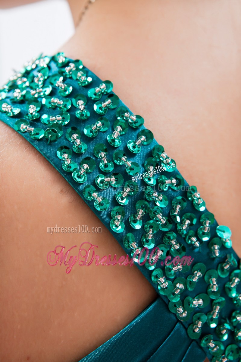Teal Column One Shoulder Prom Dress Beading and Ruched Floor-length
