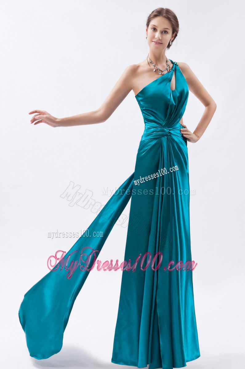 Teal Column One Shoulder Prom Dress Beading and Ruched Floor-length