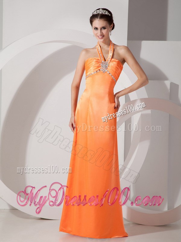 Popular Orange Red Column Halter Prom Dress Beading Floor-length