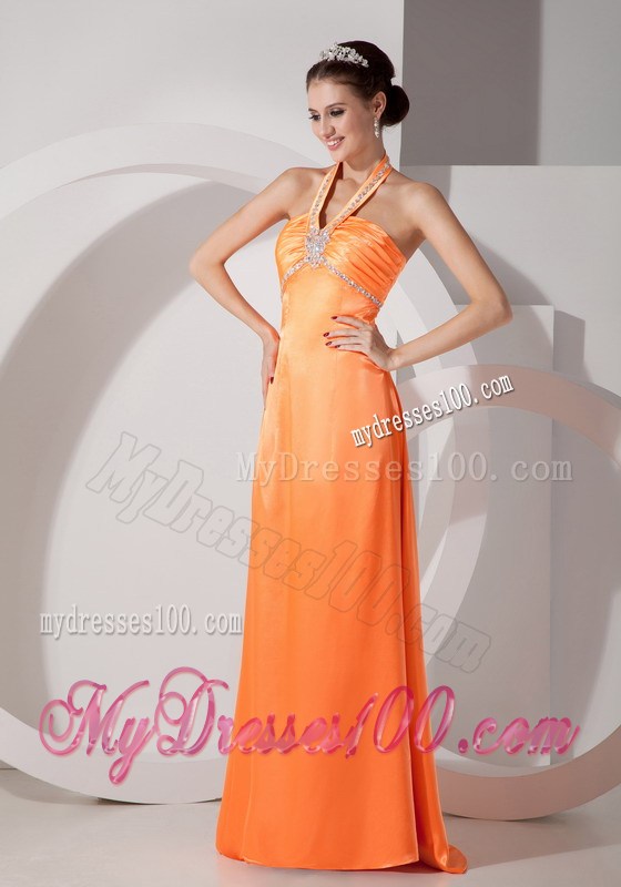 Popular Orange Red Column Halter Prom Dress Beading Floor-length