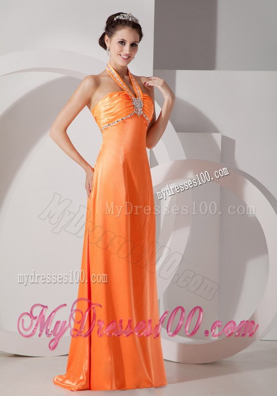 Popular Orange Red Column Halter Prom Dress Beading Floor-length