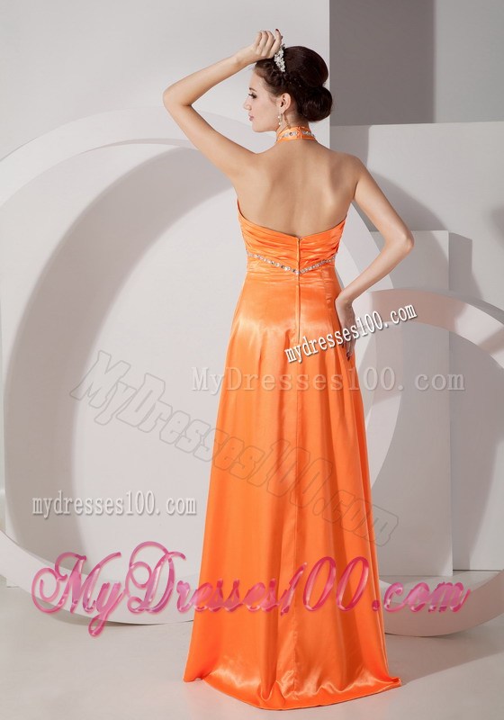 Popular Orange Red Column Halter Prom Dress Beading Floor-length