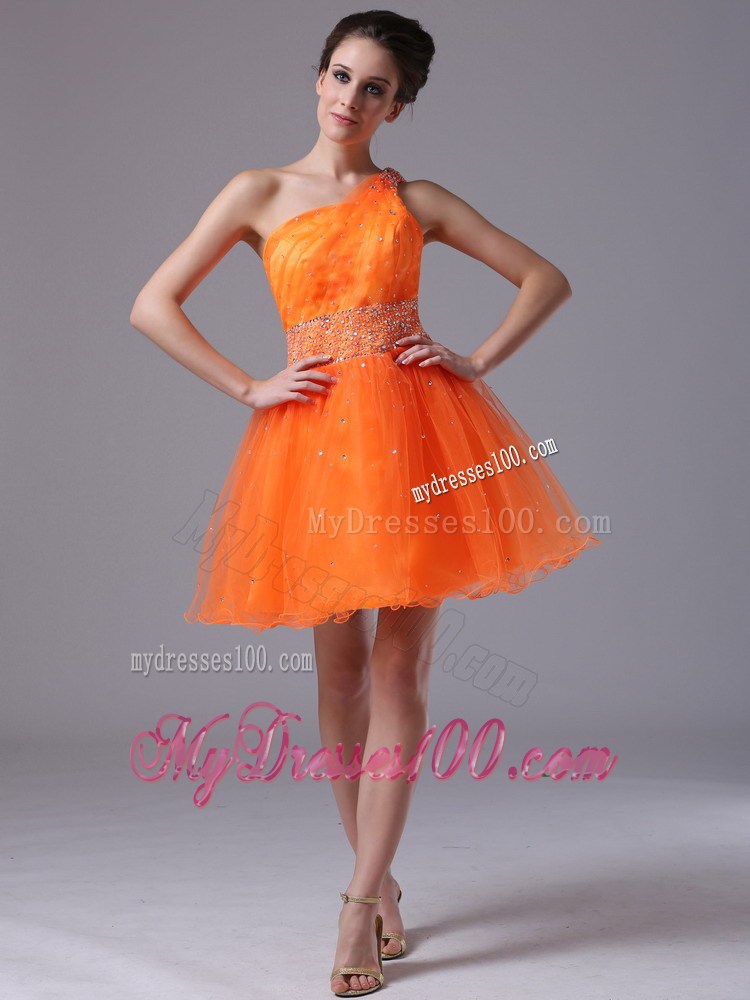 Pretty Orange Beaded Waist One Shoulder Mini-length Prom Dresses