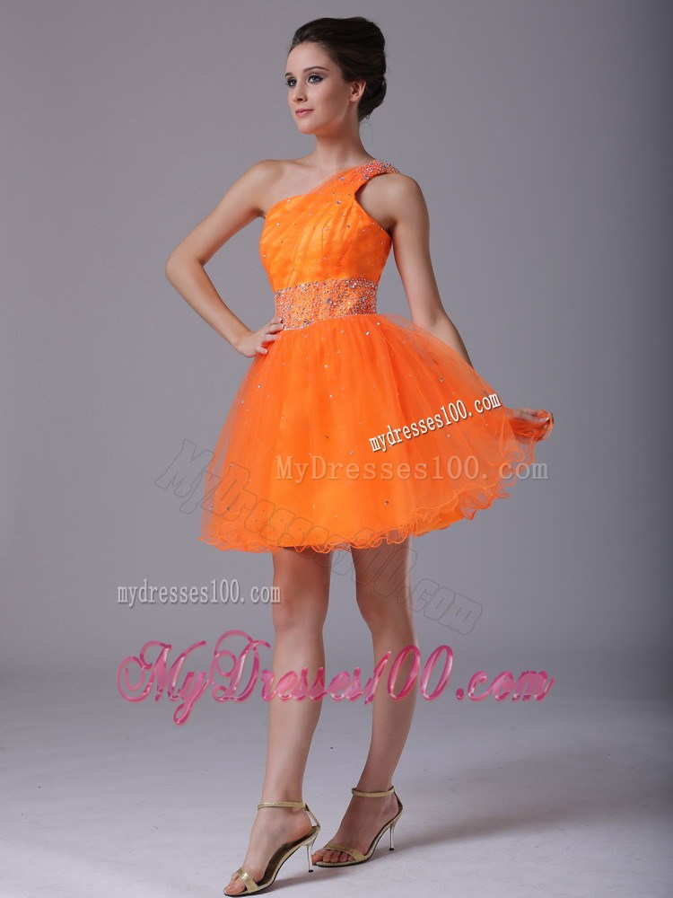 Pretty Orange Beaded Waist One Shoulder Mini-length Prom Dresses