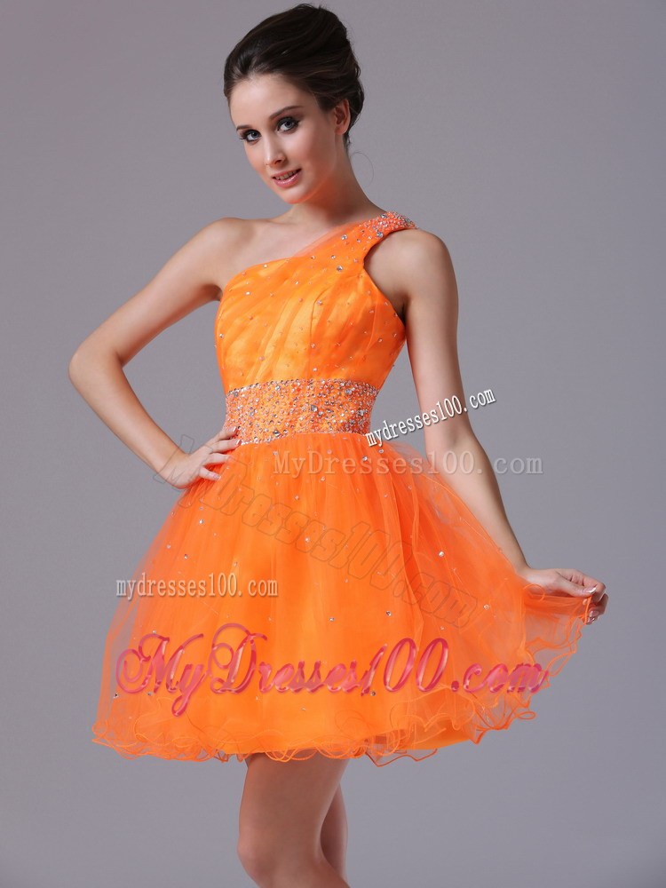 Pretty Orange Beaded Waist One Shoulder Mini-length Prom Dresses
