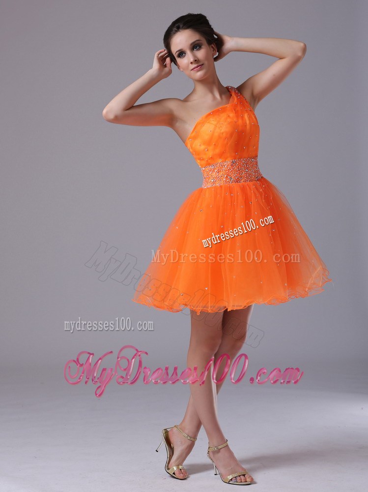 Pretty Orange Beaded Waist One Shoulder Mini-length Prom Dresses