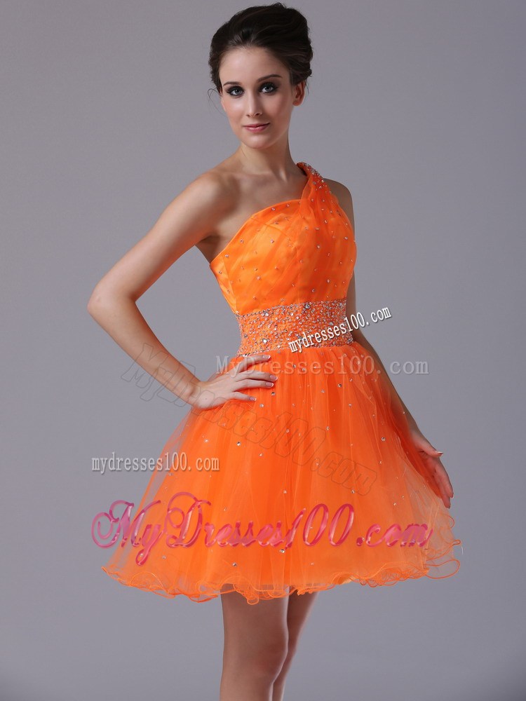 Pretty Orange Beaded Waist One Shoulder Mini-length Prom Dresses