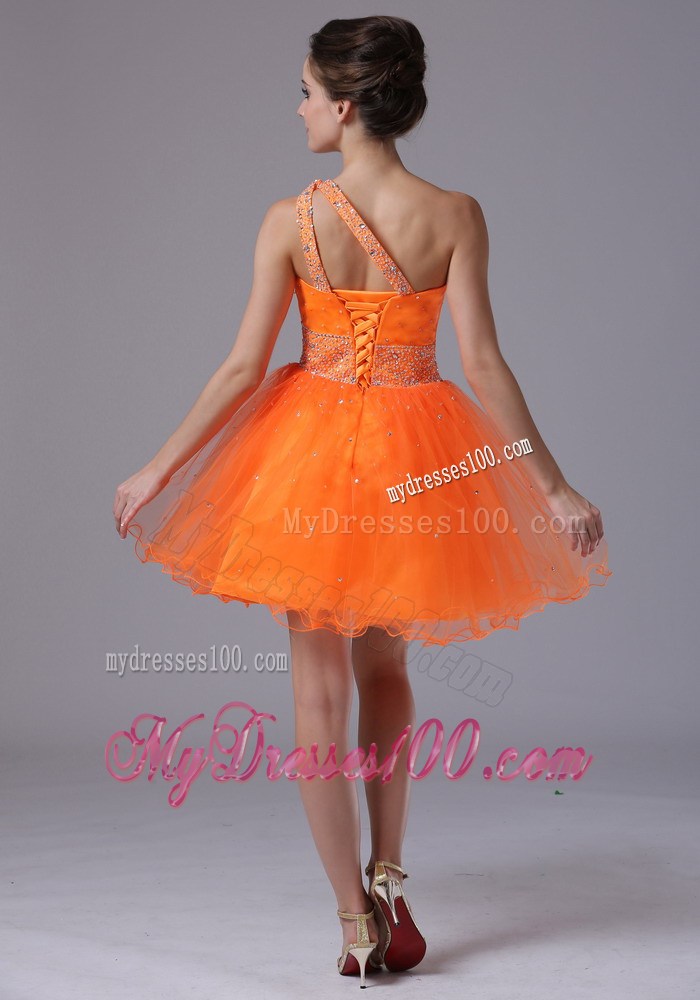 Pretty Orange Beaded Waist One Shoulder Mini-length Prom Dresses