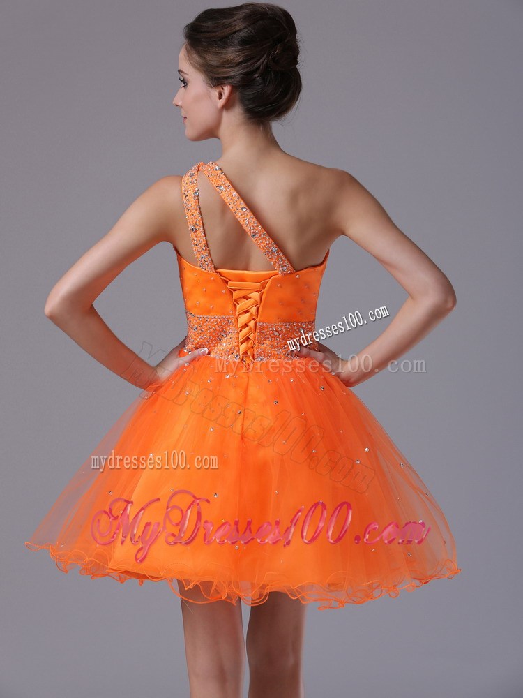 Pretty Orange Beaded Waist One Shoulder Mini-length Prom Dresses