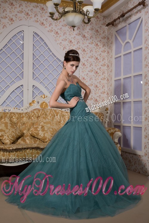 Peacock Green Mermaid Sweetheart Brush Train Beading Prom Dresses