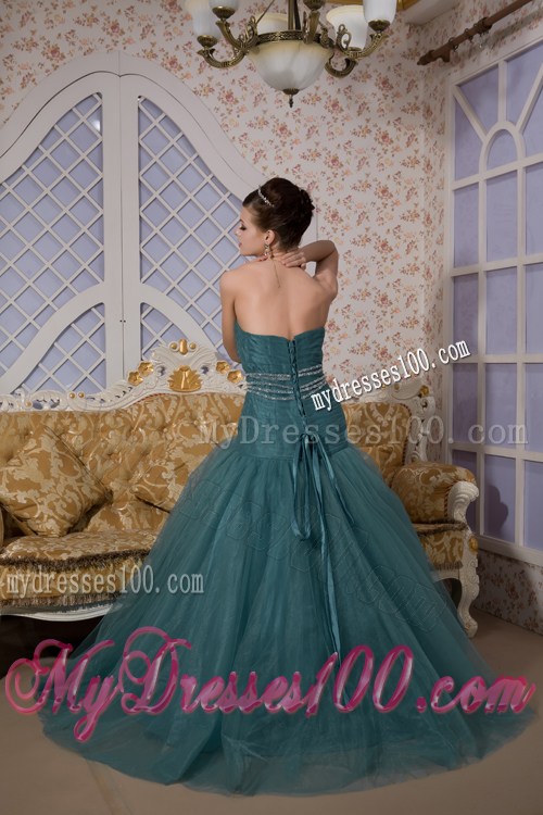 Peacock Green Mermaid Sweetheart Brush Train Beading Prom Dresses