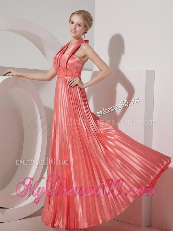 Cheap Watermelon Red Long Prom Dresses Column Halter Beading