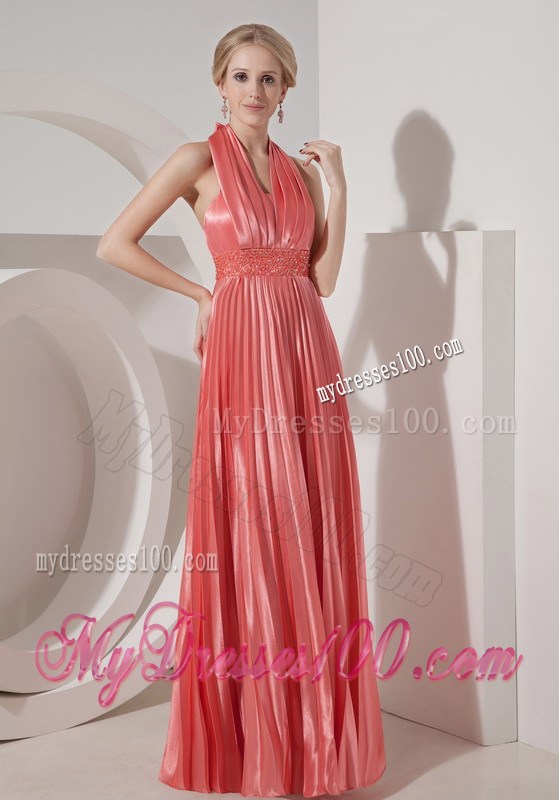 Cheap Watermelon Red Long Prom Dresses Column Halter Beading