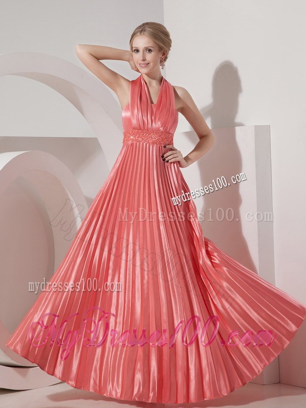 Cheap Watermelon Red Long Prom Dresses Column Halter Beading