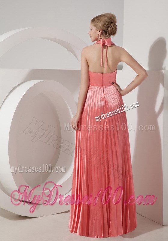 Cheap Watermelon Red Long Prom Dresses Column Halter Beading