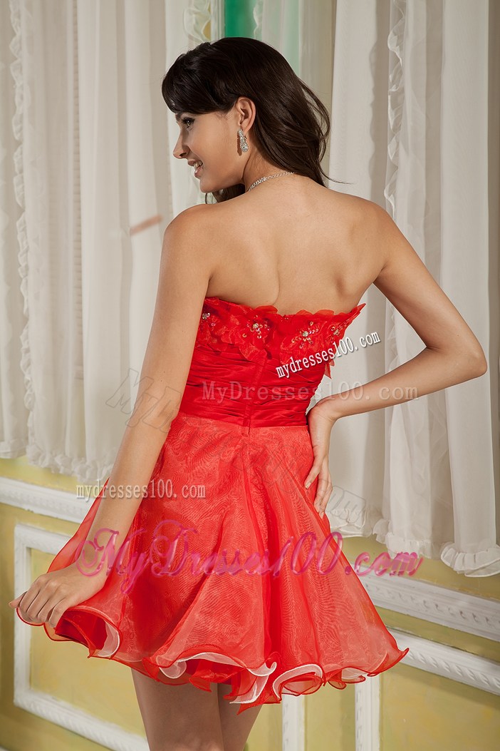 Lovely Red Princess Short Prom Dress Strapless Hand Made Flowers