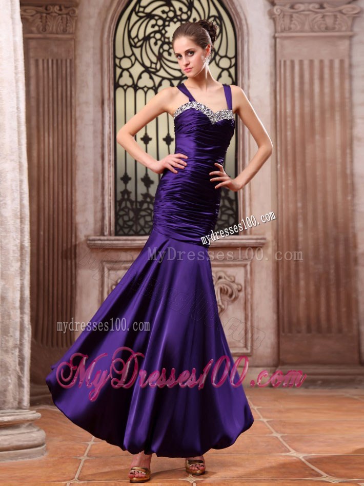 Purple Prom Dress With Straps Beaded and Ruched Mermaid Ankle-length