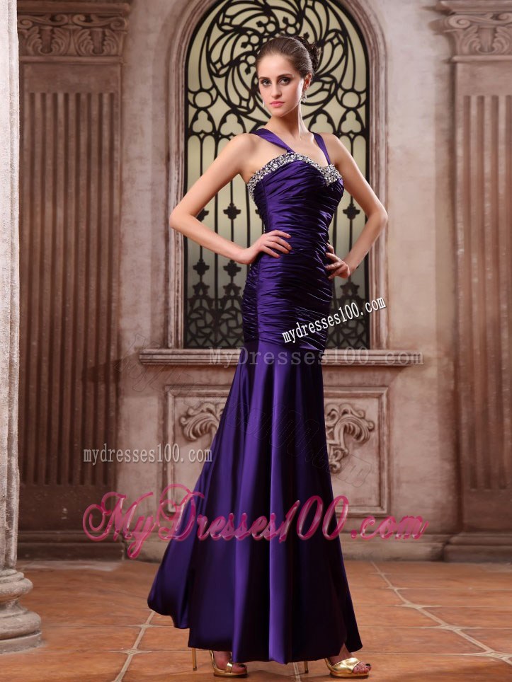 Purple Prom Dress With Straps Beaded and Ruched Mermaid Ankle-length