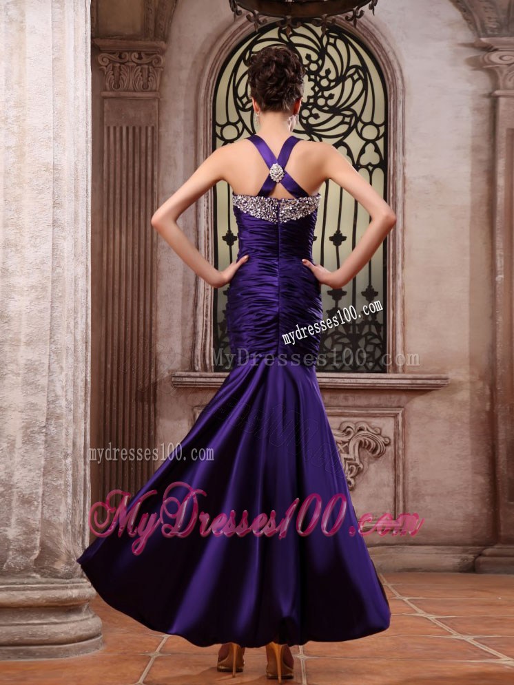 Purple Prom Dress With Straps Beaded and Ruched Mermaid Ankle-length